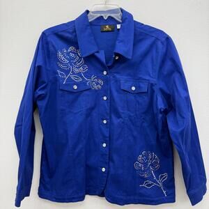 Quacker Factory XL Women Denim Jacket Blue Rhinestone Flower Embellished